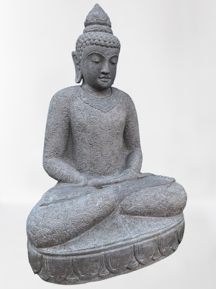Stone statue of a seated Buddha on a white background