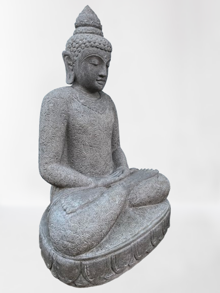 Stone statue of a meditating Buddha on a white background
