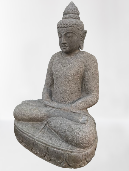 Stone statue of a seated Buddha on a white background