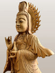 Wood Quan Yin Statue Holding Vase & Lotus 33" - Routes Gallery