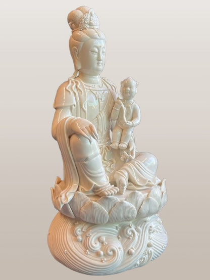 Porcelain Quan Yin Statue Holding Baby 16"