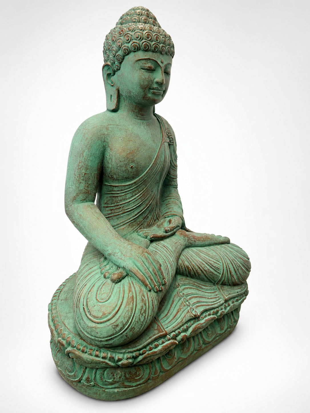 A seated Buddha statue with a green patina finish, shown against a plain white background.