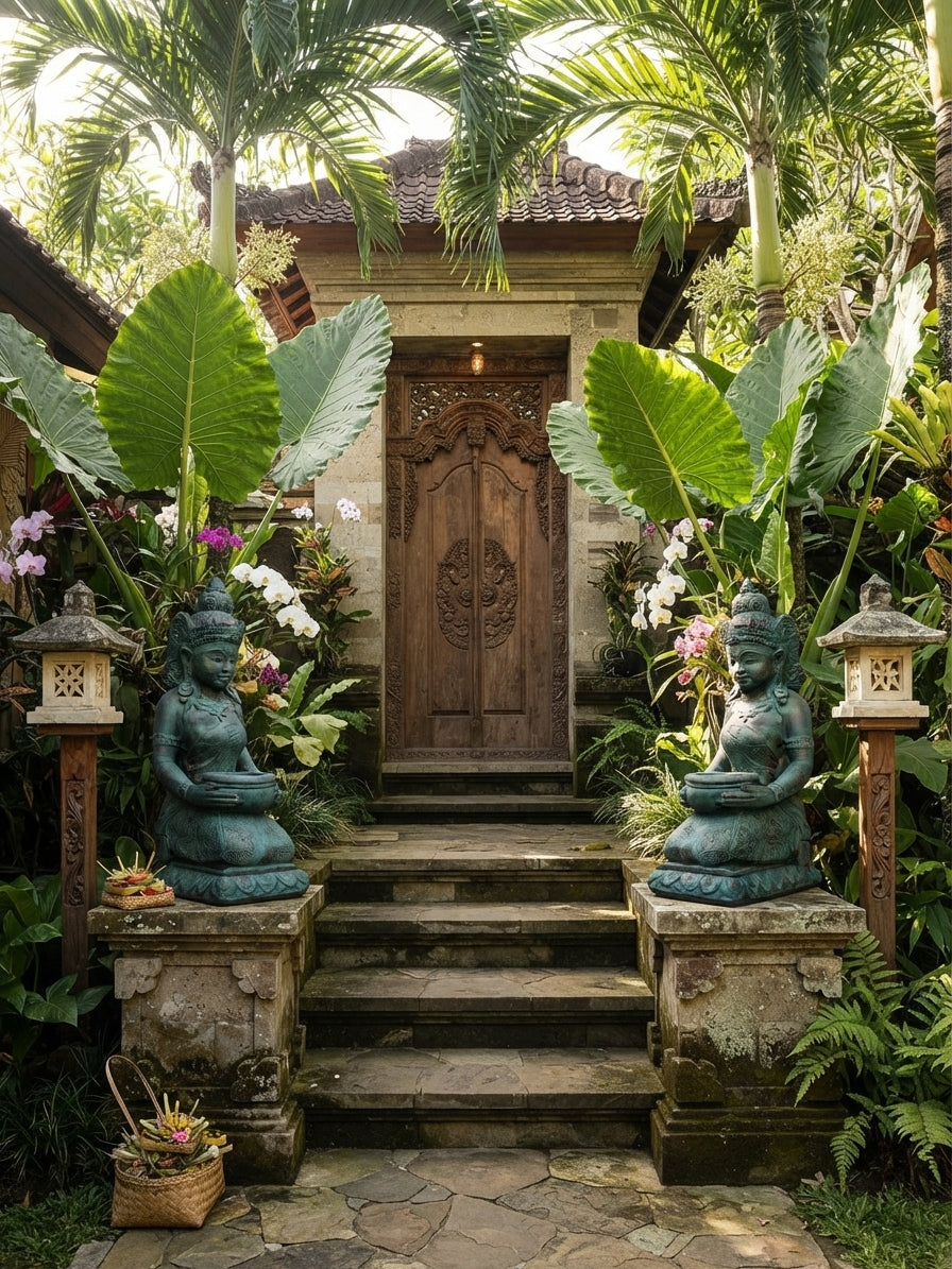 A tropical garden pathway leading up stone steps to a carved wooden door, flanked by large green leaves, lanterns, and two seated bronze statues on stone pedestals.