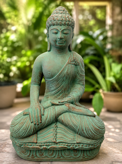 A green patina Buddha statue in a meditative lotus pose, set against a blurred garden background with potted plants.