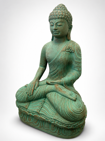 A seated Buddha statue with a green patina finish, shown against a plain white background.