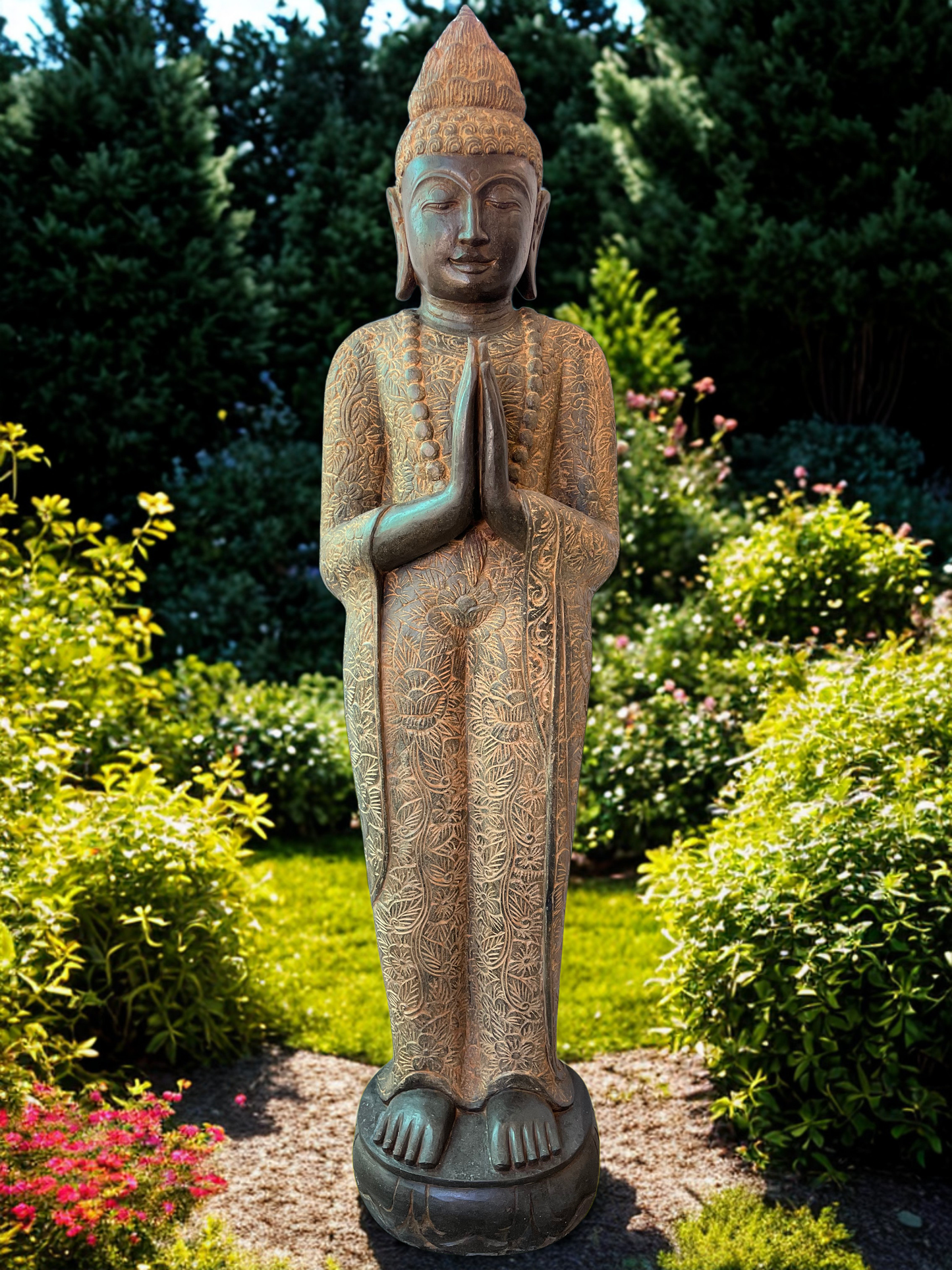 Handcarved Standing Namaste Buddha Statue 58"