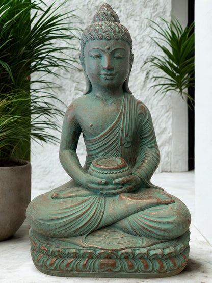 Meditating Buddha Statue with Offering Bowl 13" - Routes Gallery