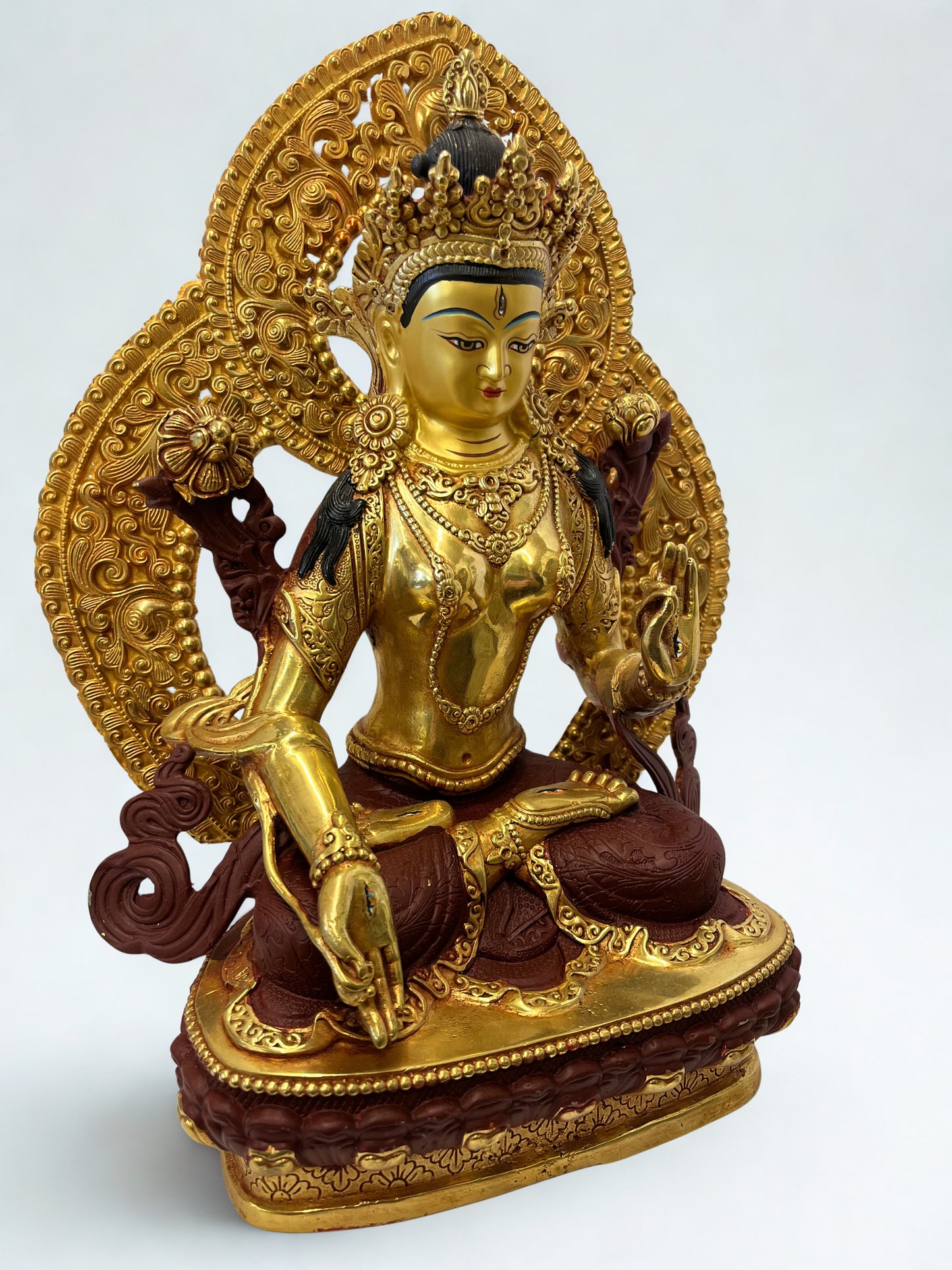 White Tara brass statue 12 inch seated lotus posture ornate lotus halo gold finish detailed crown robes jewelry seven eyes Buddhist goddess compassion healing wisdom sacred altar decor meditation yoga mindfulness spiritual home decor