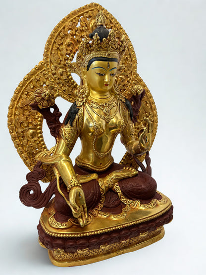White Tara brass statue 12 inch seated lotus posture ornate lotus halo gold finish detailed crown robes jewelry seven eyes Buddhist goddess compassion healing wisdom sacred altar decor meditation yoga mindfulness spiritual home decor