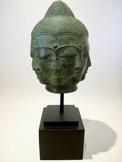 Eight Face Brass Buddha Head on Stand 9.5"