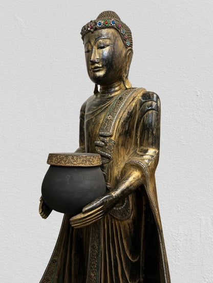 Wood Standing Buddha with Offering Bowl 69"