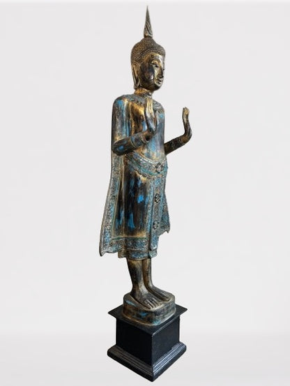 Wood Standing Sukhothai Buddha Statue 52"