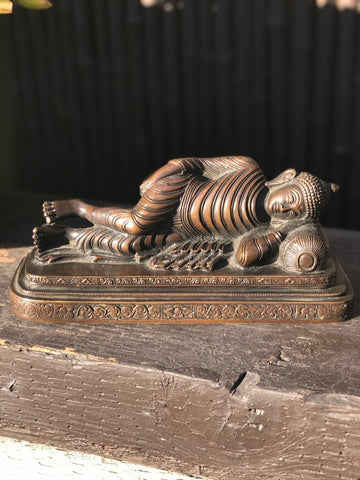 Brass Reclining Paranirvana Buddha Statue 9.5" - Routes Gallery