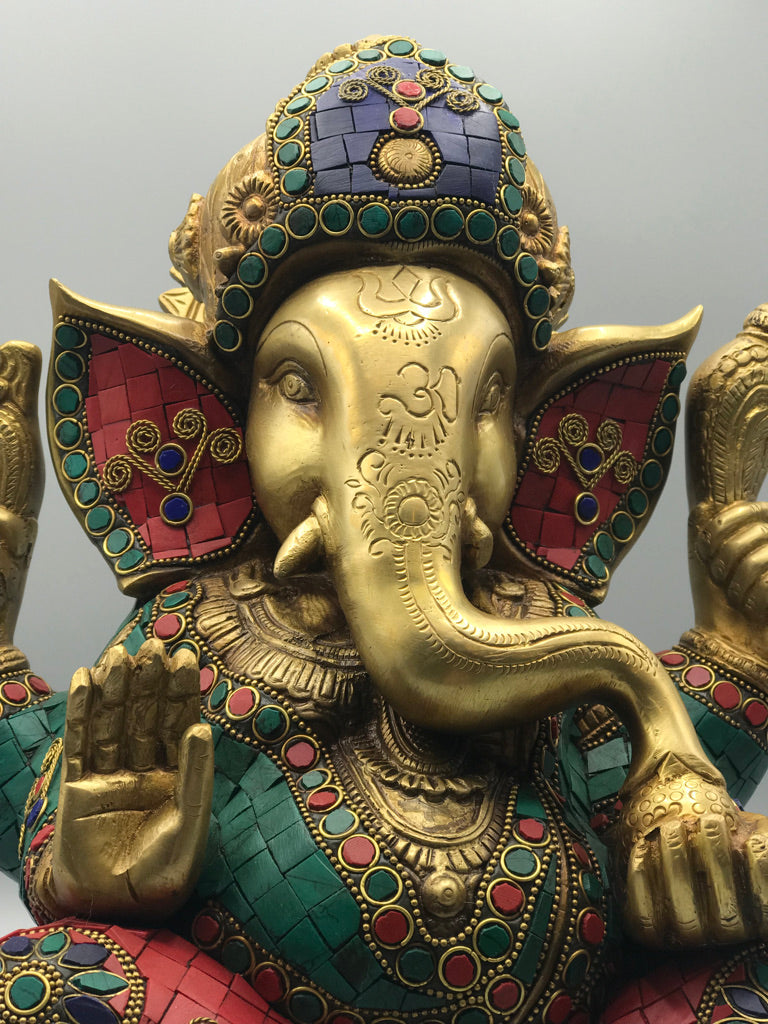 Brass Seated Ganesh with Stonework 12"