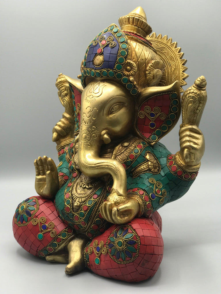 Brass Seated Ganesh with Stonework 12"