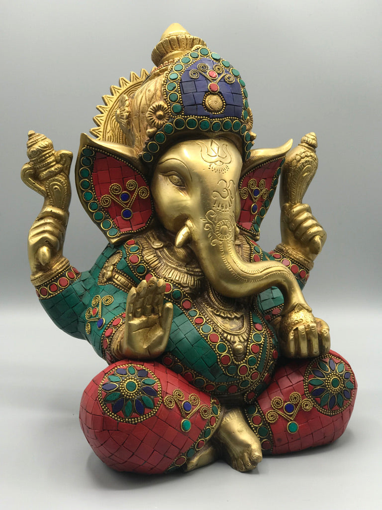 Brass Seated Ganesh with Stonework 12"