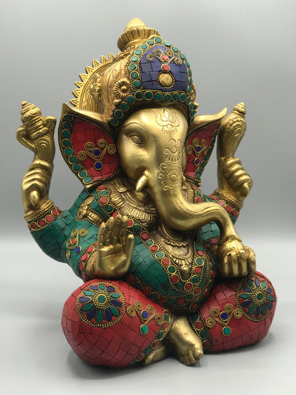 Brass Seated Ganesh with Stonework 12"