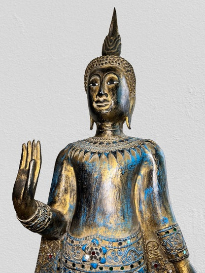 Wood Standing Thai Buddha Statue 43"