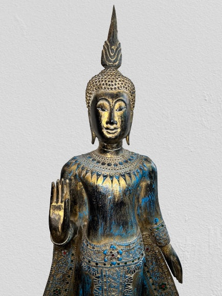 Wood Standing Thai Buddha Statue 43"