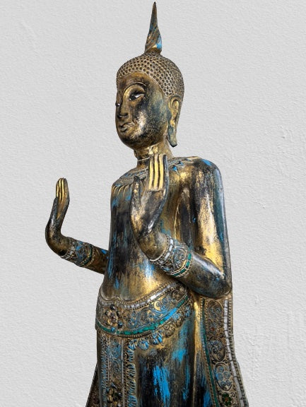 Wood Standing Sukhothai Buddha Statue 52"