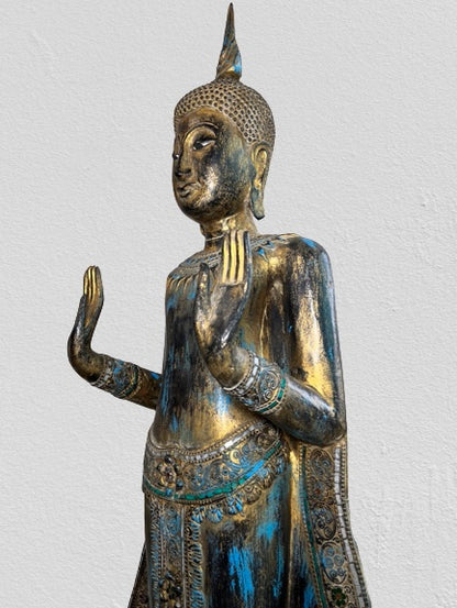Wood Standing Sukhothai Buddha Statue 52"