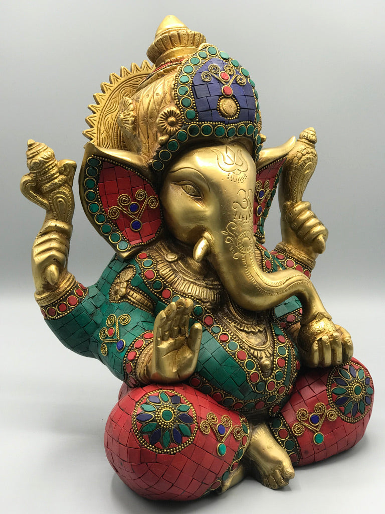 Brass Seated Ganesh with Stonework 12"