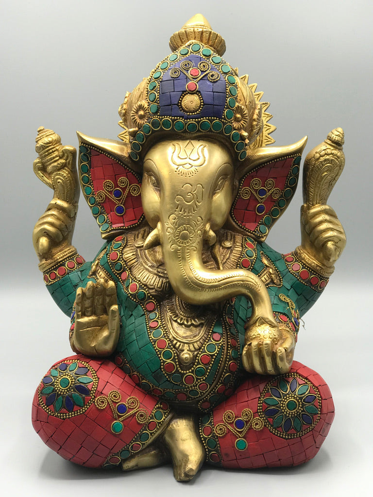 Brass Seated Ganesh with Stonework 12"