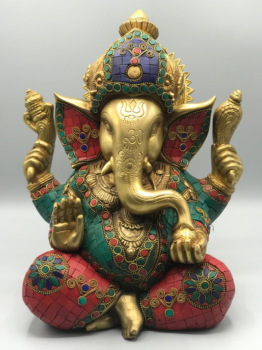 Brass Seated Ganesh with Stonework 12"