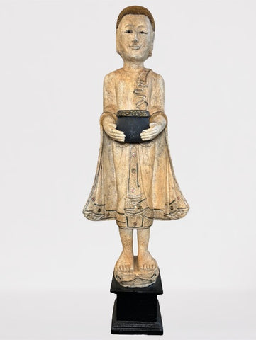 Wood Standing Monk with Offering Bowl 48"