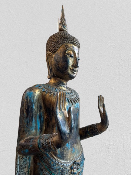 Wood Standing Sukhothai Buddha Statue 52"