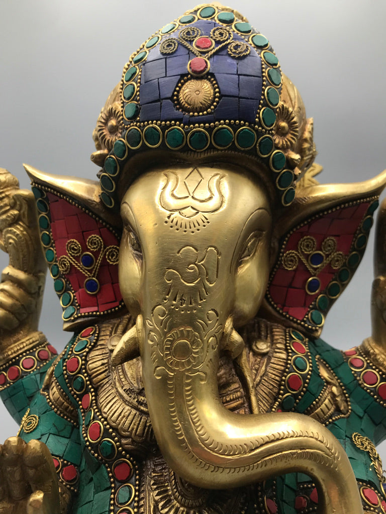 Brass Seated Ganesh with Stonework 12"