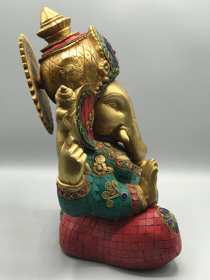 Brass Seated Ganesh with Stonework 12"