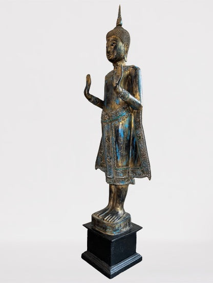 Wood Standing Sukhothai Buddha Statue 52"