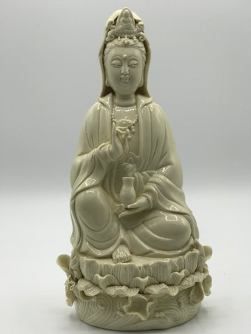 Porcelain Seated Quan Yin Holding Vase 10"