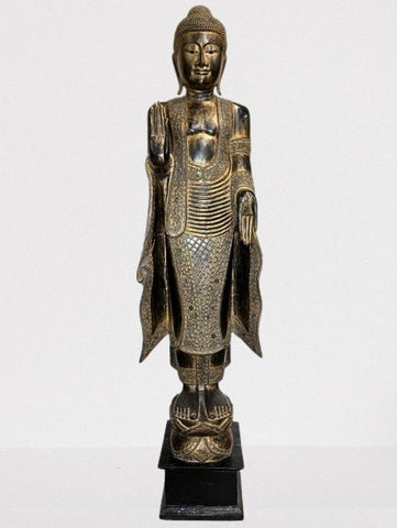 Wood Standing Abhaya Buddha Sculpture 68"
