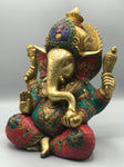 Brass Seated Ganesh with Stonework 12"
