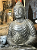 Stone Meditation Buddha with Lotus Offering 28" - Routes Gallery