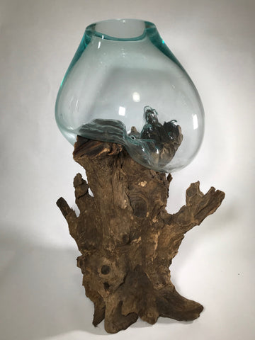 Glass & Teak Terrarium Vase Sculpture 28" - Routes Gallery