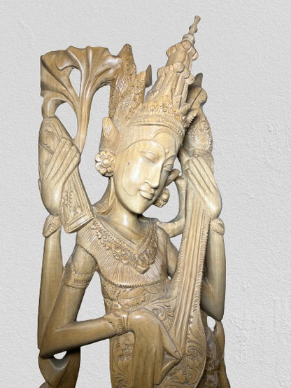 Wood Saraswati Wisdom Goddess Statue 42"