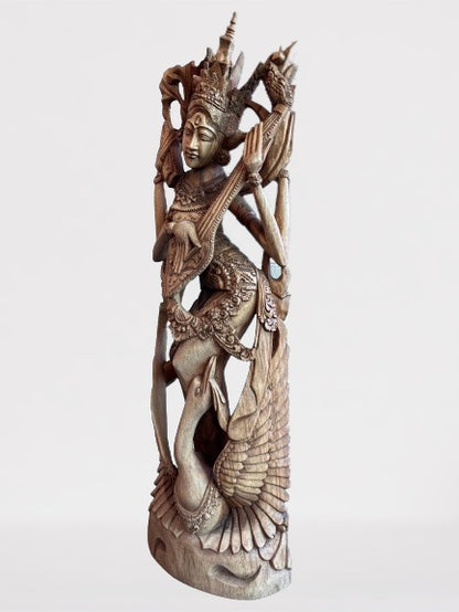 Wood Saraswati Wisdom Goddess Statue 42"