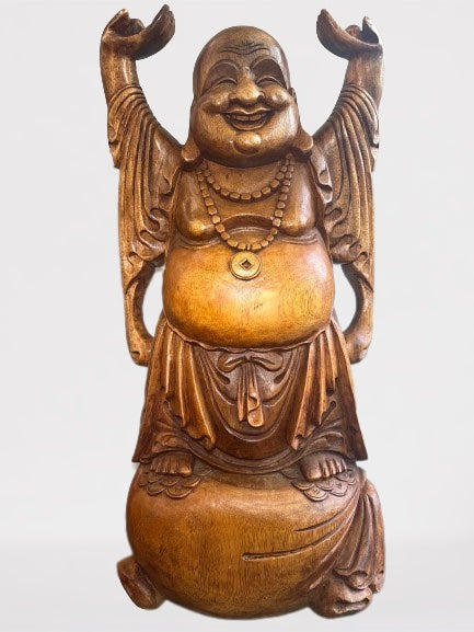 Wood Laughing Buddha Statue with Hands Up 40 – Routes Gallery