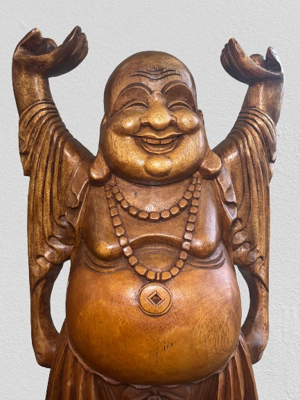 Wood Laughing Buddha Statue with Hands Up 40"