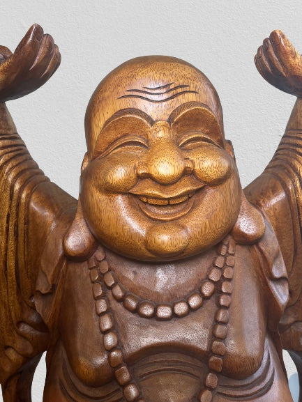 Wood Laughing Buddha Statue with Hands Up 40"