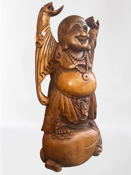 Wood Laughing Buddha Statue with Hands Up 40"