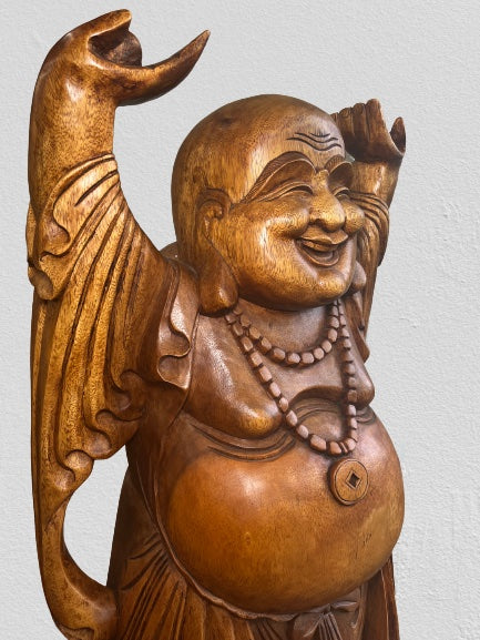 Wood Laughing Buddha Statue with Hands Up 40"