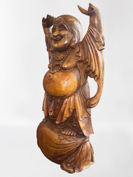 Wood Laughing Buddha Statue with Hands Up 40"