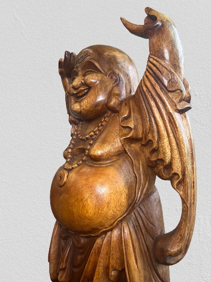 Wood Laughing Buddha Statue with Hands Up 40"