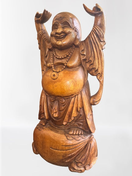 Wood Laughing Buddha Statue with Hands Up 40"