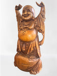 Wood Laughing Buddha Statue with Hands Up 40"
