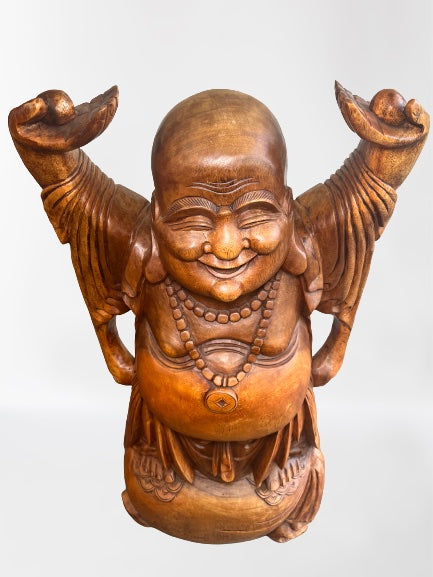 Wood Laughing Buddha Statue with Hands Up 40"